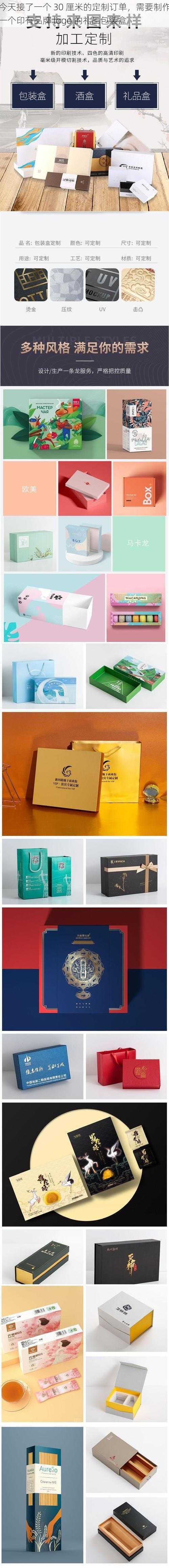 今天接了一个 30 厘米的定制订单，需要制作一个印有品牌 logo 的礼品包装盒