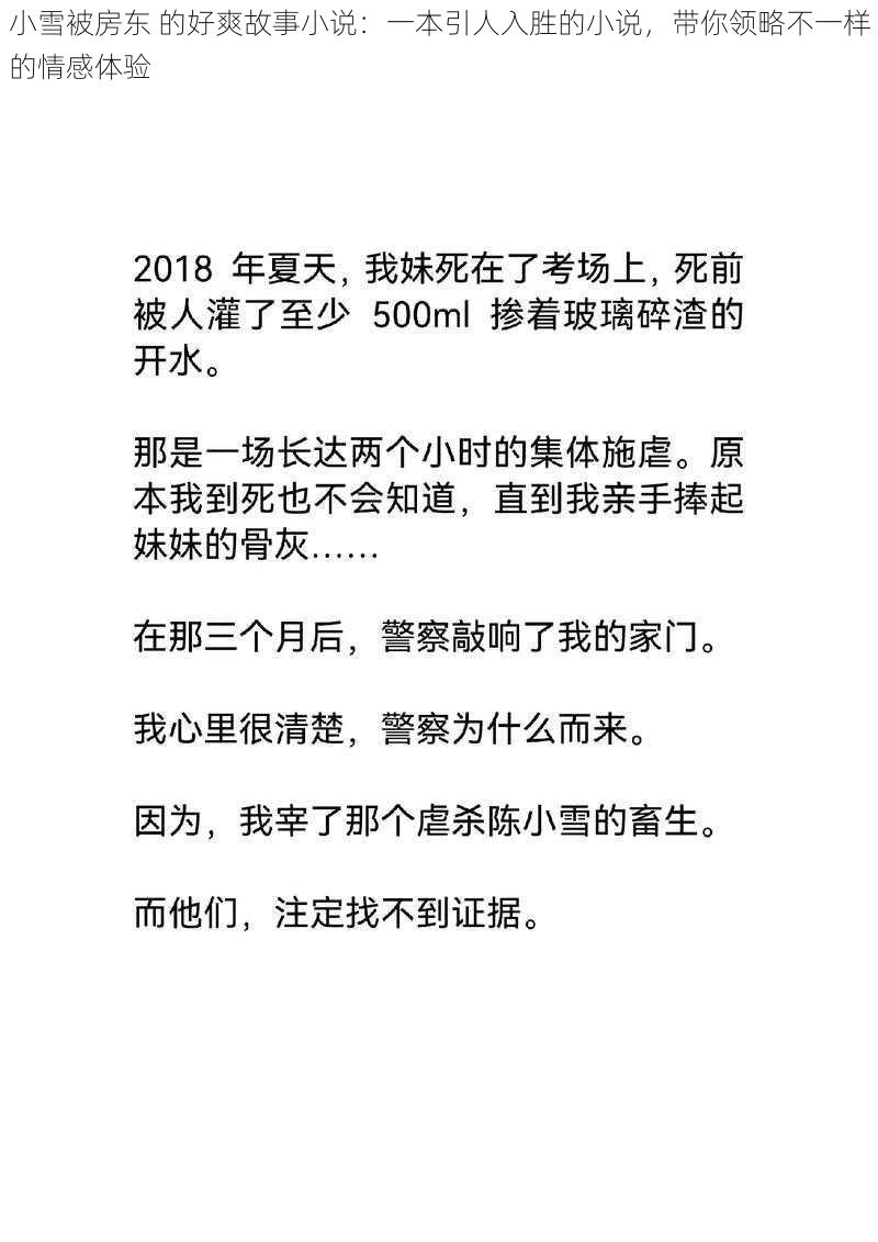 小雪被房东 的好爽故事小说：一本引人入胜的小说，带你领略不一样的情感体验